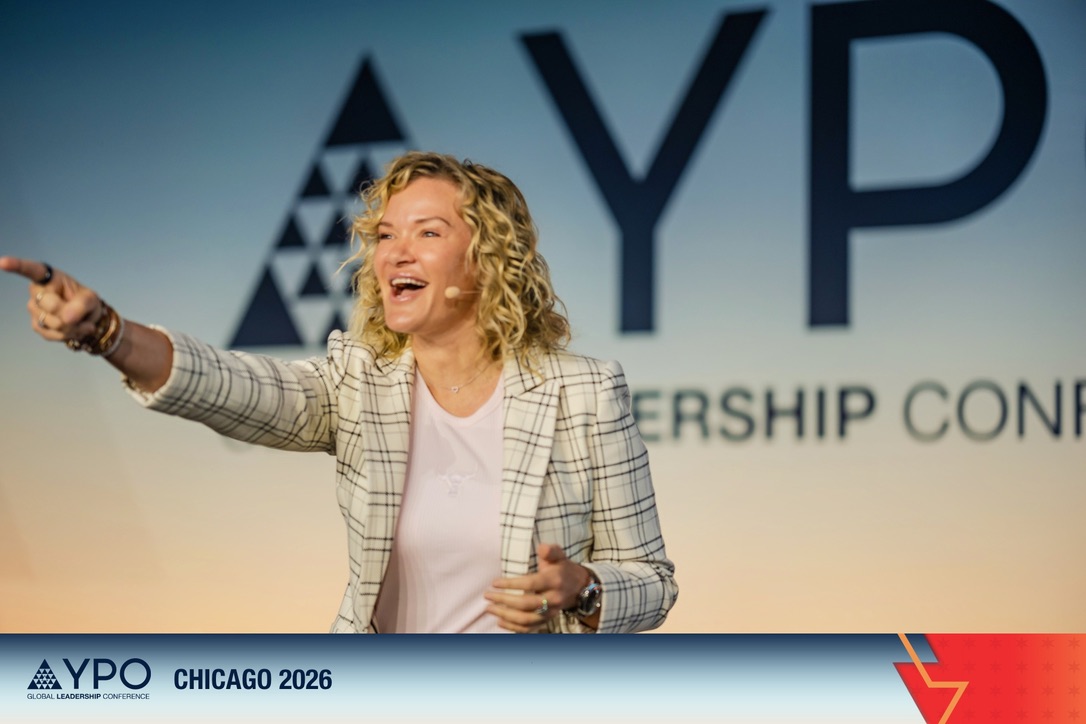 Amber Allen laughing with the audience at the YPO Global Leadership Conference in Chicago, 2026