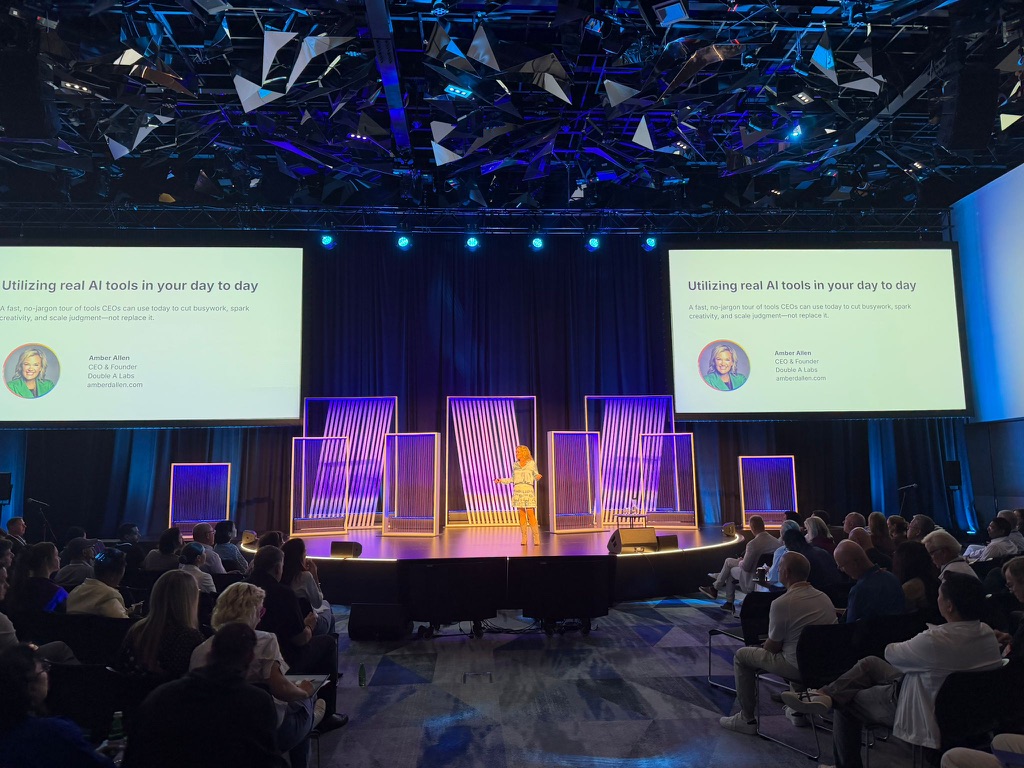 Amber Allen delivering an AI keynote to an audience